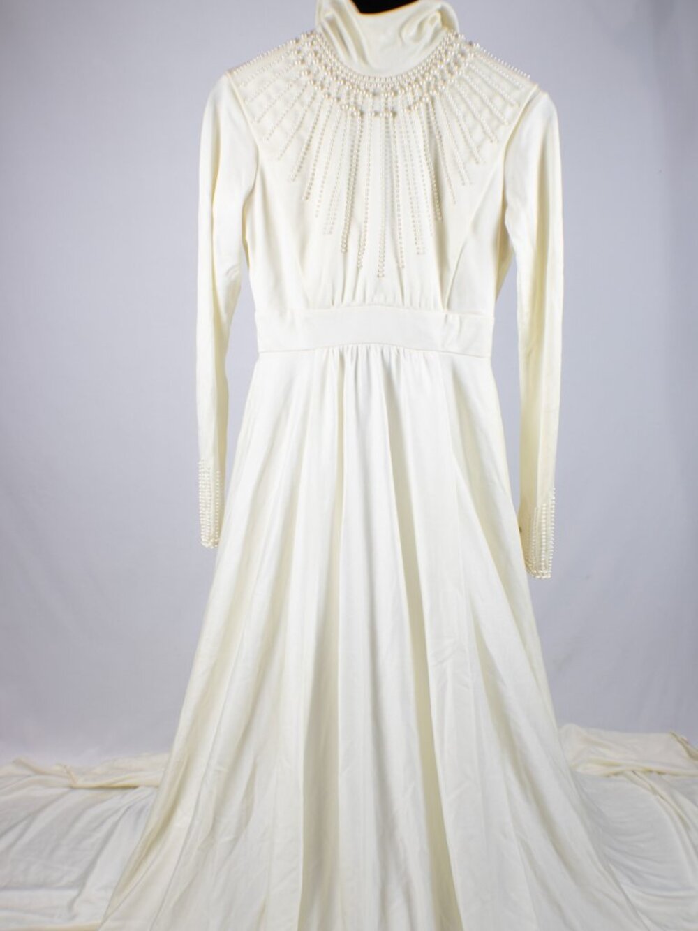 Vtg 1970s Pearl Beaded Wedding Gown Cream Mock Neck Empire Train Dress XS 24 Wai